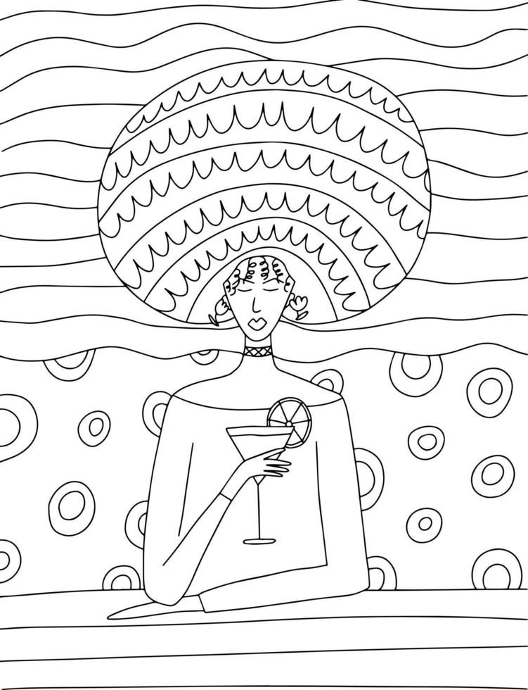 donna vettoriale disegnata a mano con cocktail in mano. donna africana che tiene il vetro con la pagina di colorazione del cocktail