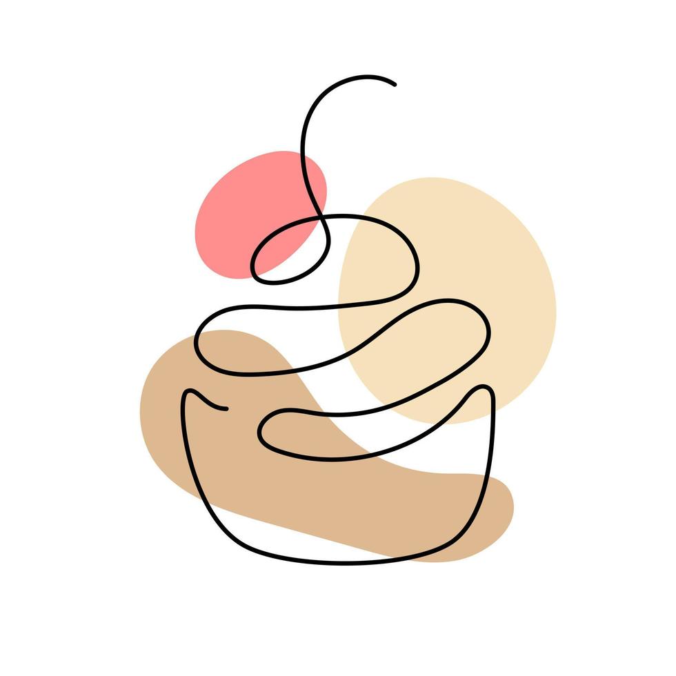 una linea d'arte di cupcake con ciliegia. logo disegnato a mano. concetto di caffetteria e panetteria. illustrazione vettoriale isolato su sfondo bianco.