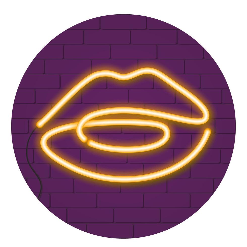 labbra luminose al neon su un muro di mattoni viola. vettore