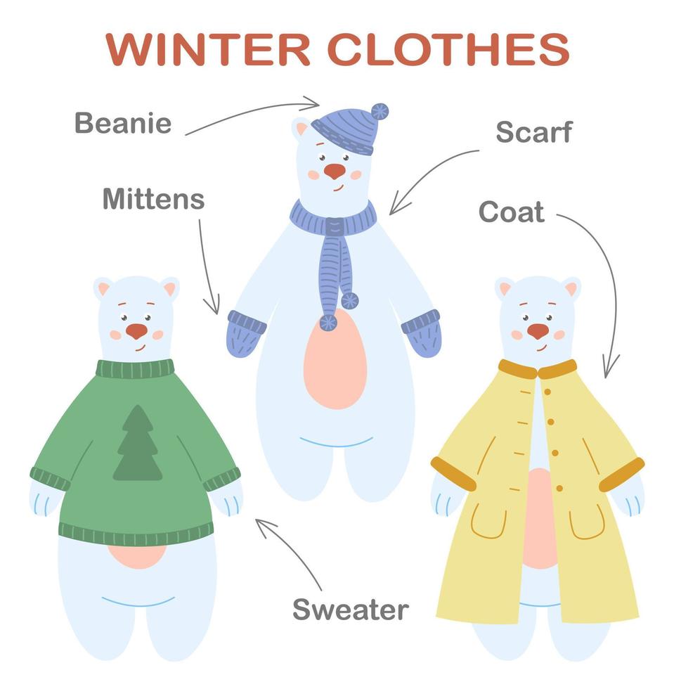 poster di educazione abbigliamento invernale. simpatico orso polare in vari vestiti con parole inglesi. vettore