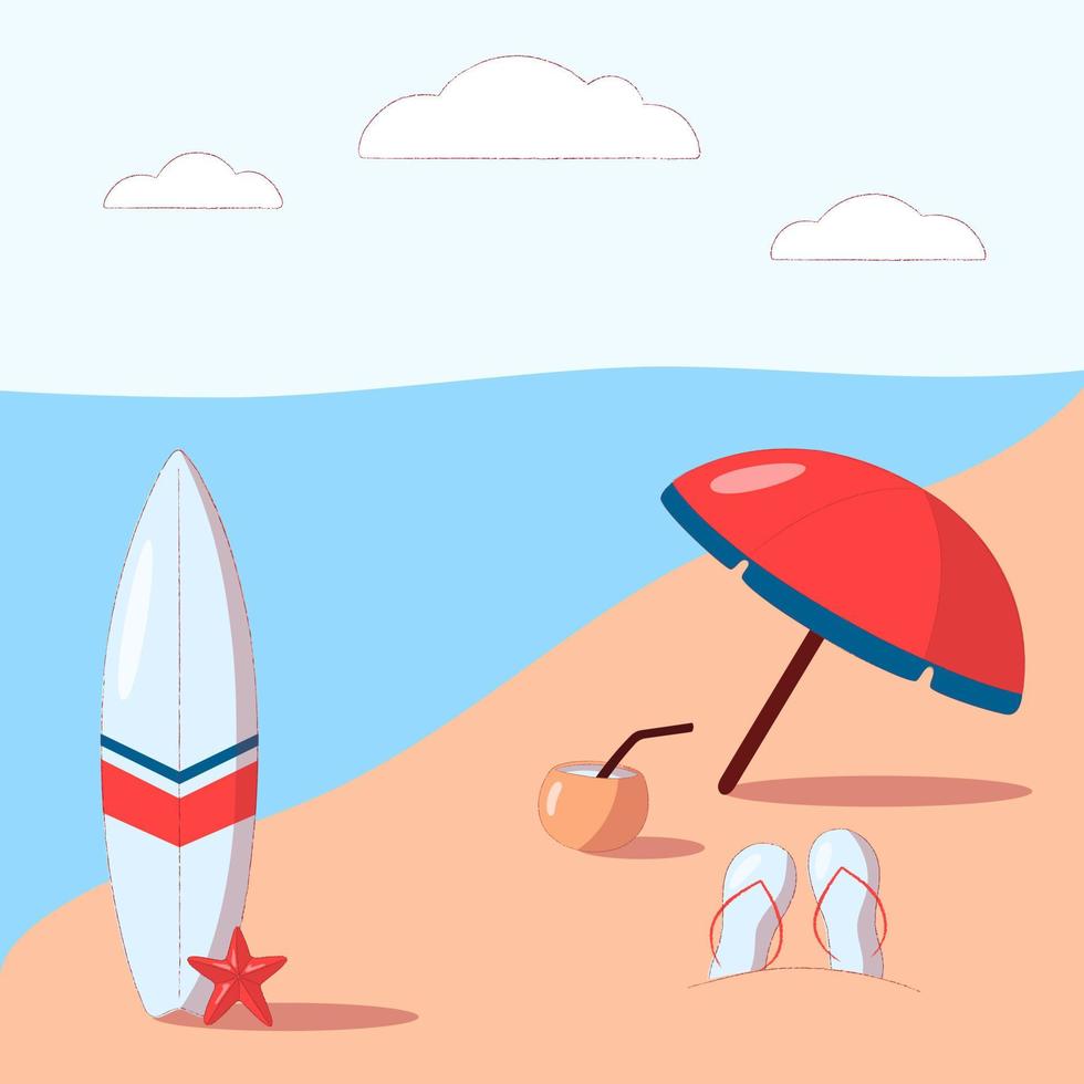 vettore sfondo in stile cartone animato di mare con ombrellone e tavola da surf. rilassarsi al mare in estate in spiaggia.