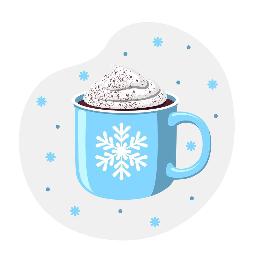 tazza di natale blu di cioccolata calda con ornamento di fiocchi di neve. design piatto. illustrazione della stagione invernale. vettore