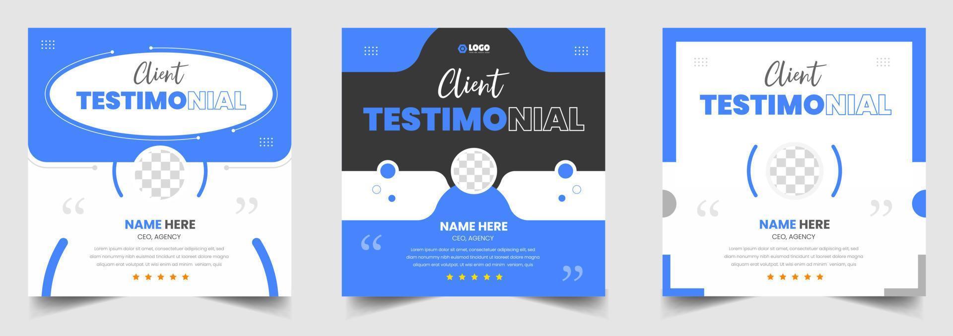 modello di banner web per post sui social media con testimonianze di feedback dei clienti. testimonianze dei clienti modello di progettazione di banner post sui social media con colore blu vettore