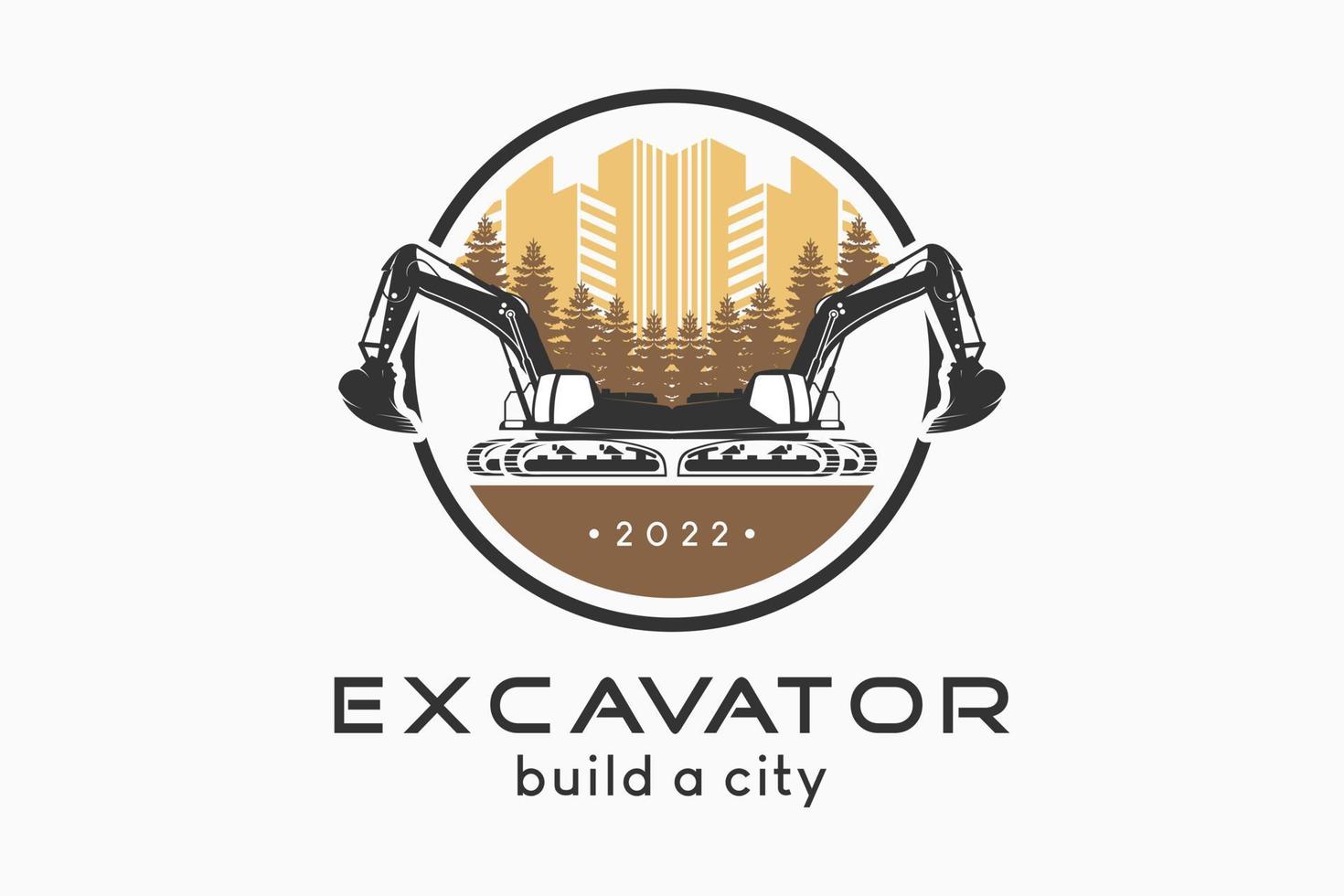 design del logo dell'escavatore con una silhouette di un escavatore combinata con un'icona di un edificio e un cipresso in un cerchio, illustrazione vettoriale di un escavatore che costruisce una città con un concetto creativo.