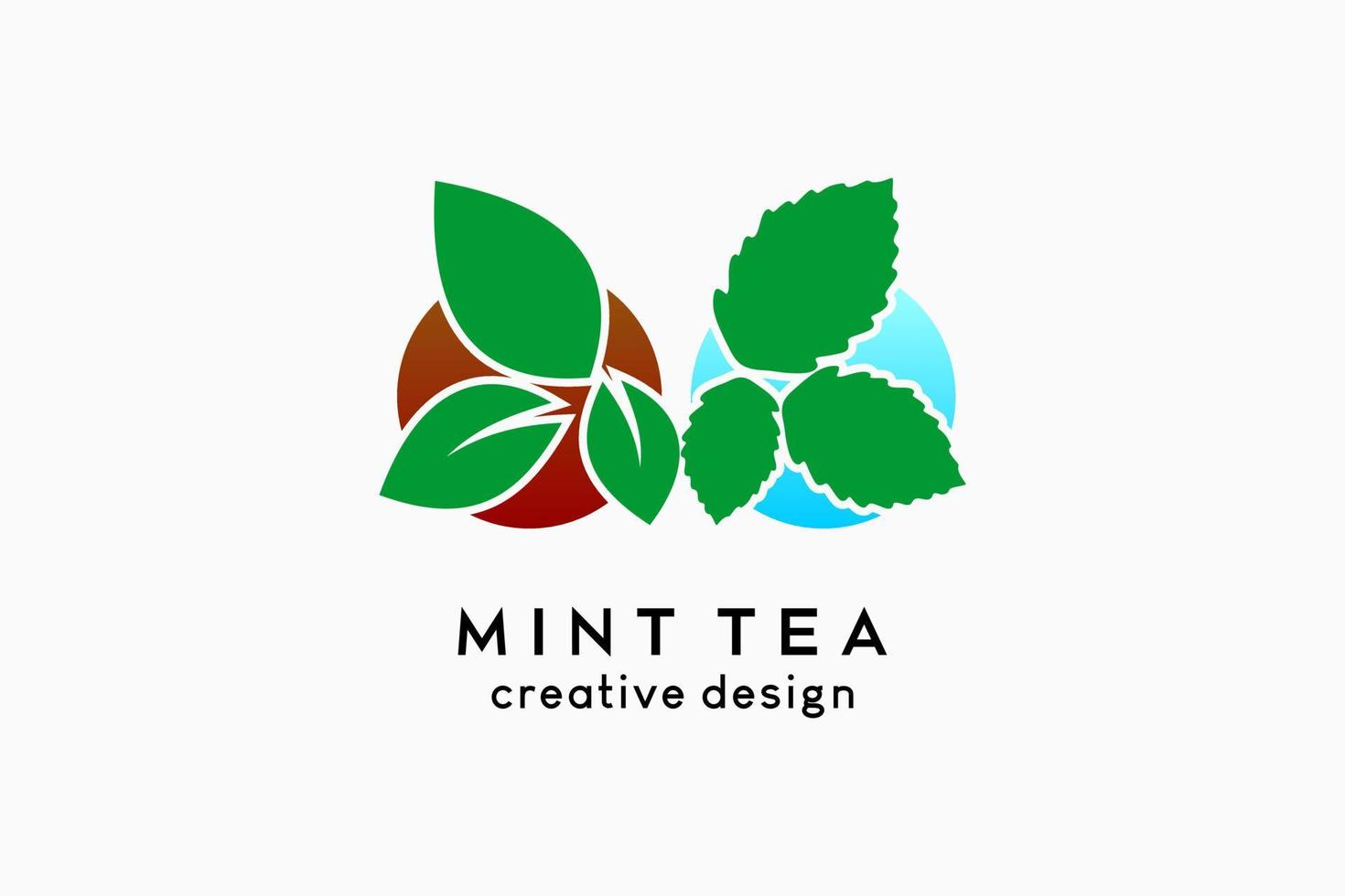 design del logo del tè alla menta, icona della foglia di tè e icona della foglia di menta in punti. illustrazione del logo vettoriale per bevande o attività a base di erbe.