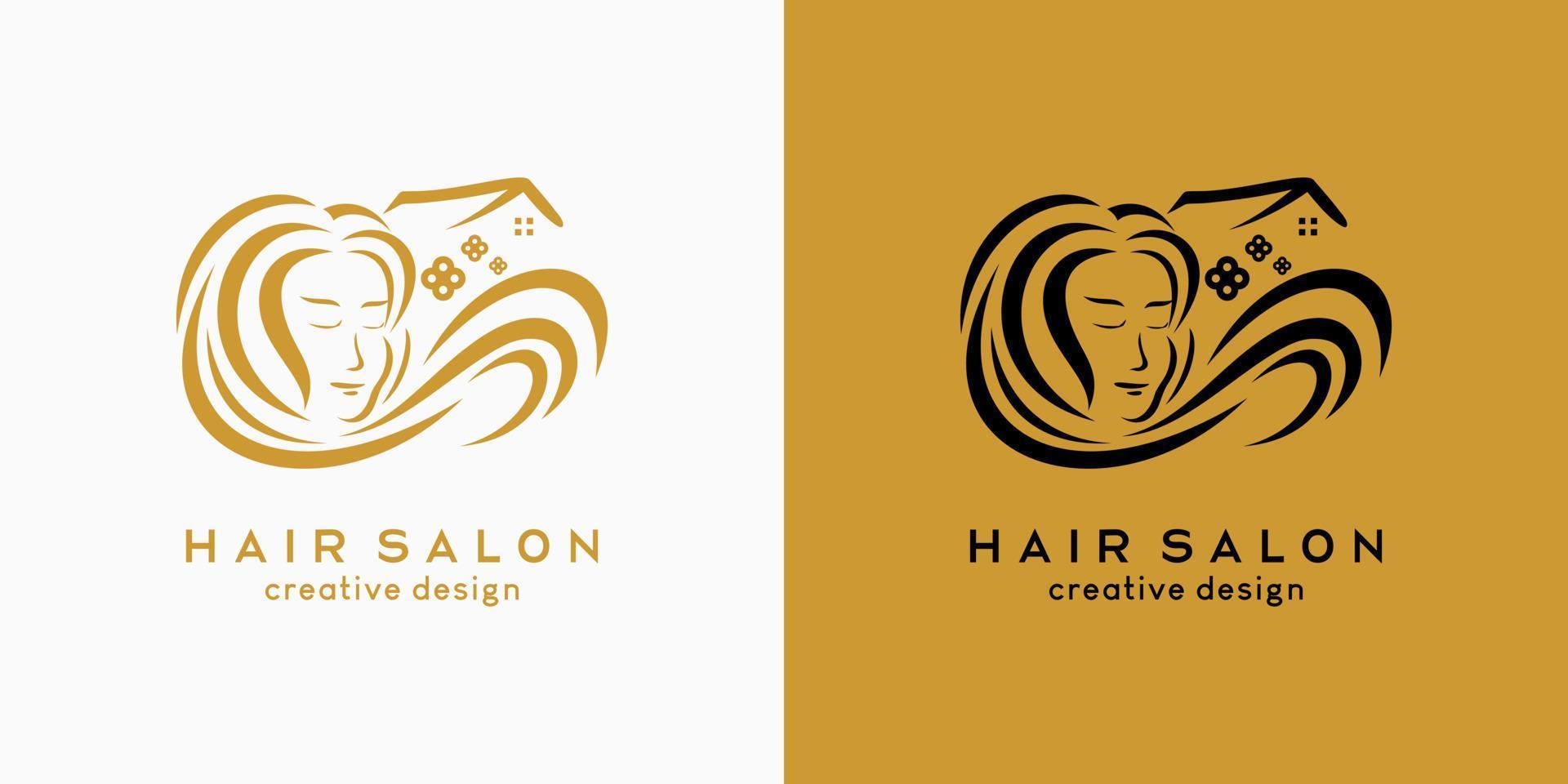 parrucchiere o design del logo per la cura dei capelli, viso di donna dai capelli lunghi combinato con l'icona della casa nel concetto disegnato a mano vettore