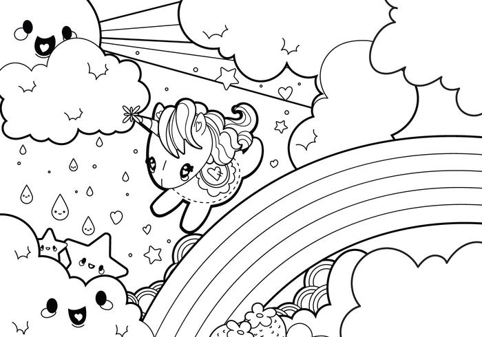 Pagina di coloritura di scena di unicorno di Rainy Rainbow vettore
