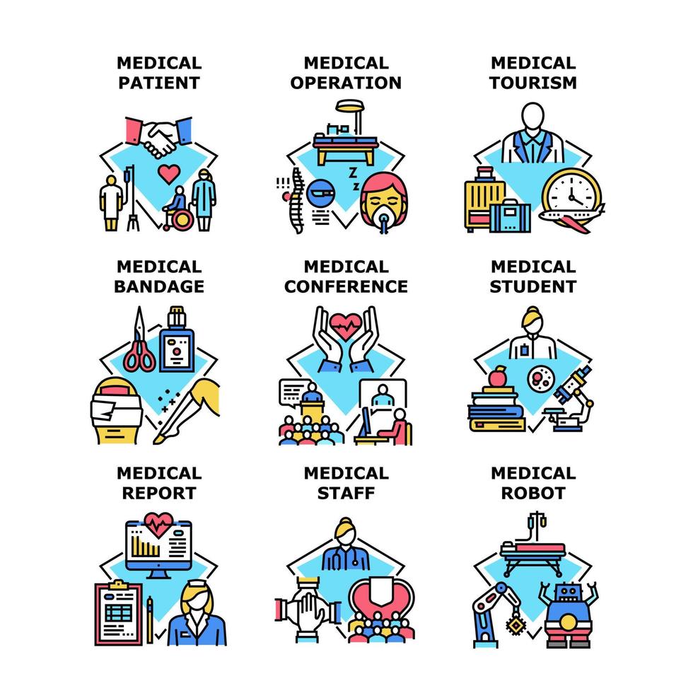 turismo medico set icone illustrazioni vettoriali