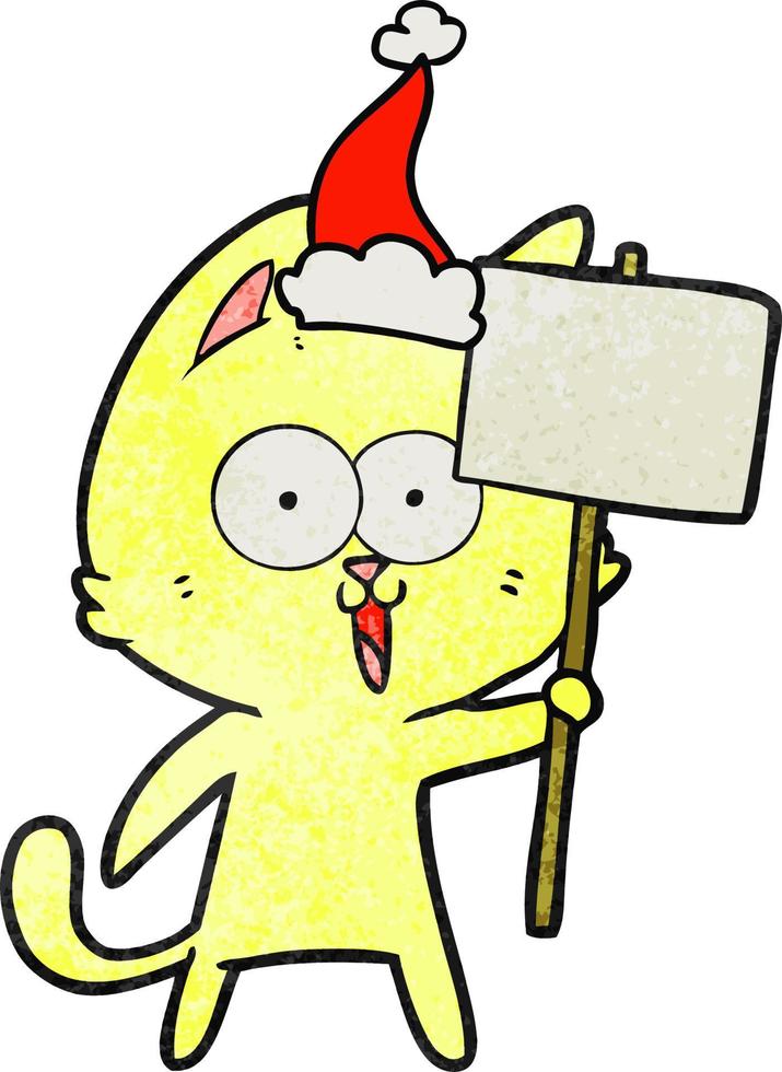 divertente cartone animato strutturato di un gatto con il segno che indossa il cappello di Babbo Natale vettore