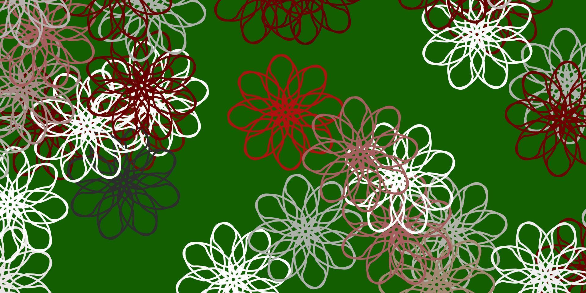 modello di doodle vettoriale verde chiaro, rosso con fiori.