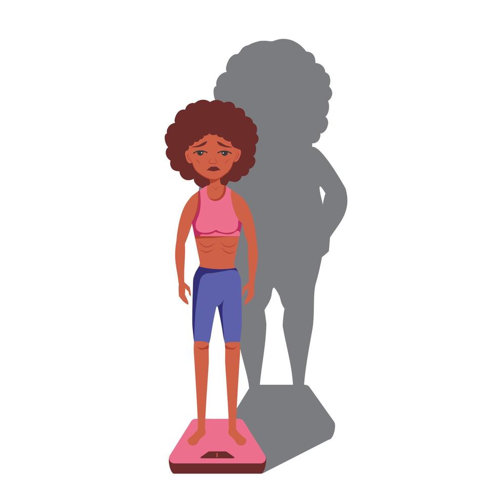 donna di colore afroamericana molto magra con un disturbo mentale di anarexia e bulimia è in piedi sulla bilancia, sentendosi grassa, sentendo un'ombra grassa dietro di lei vettore
