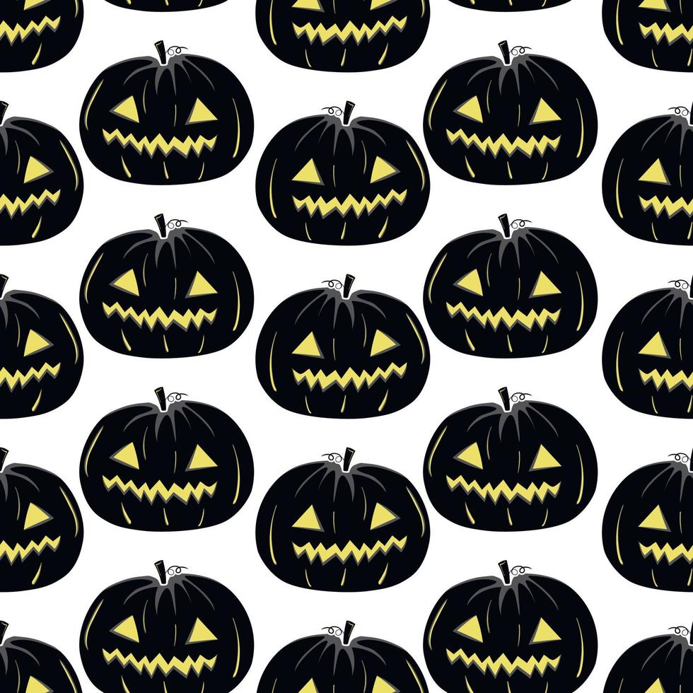 modello senza cuciture con silhouette nera di una faccia di zucca con occhi gialli luminosi per halloween su sfondo bianco vettore