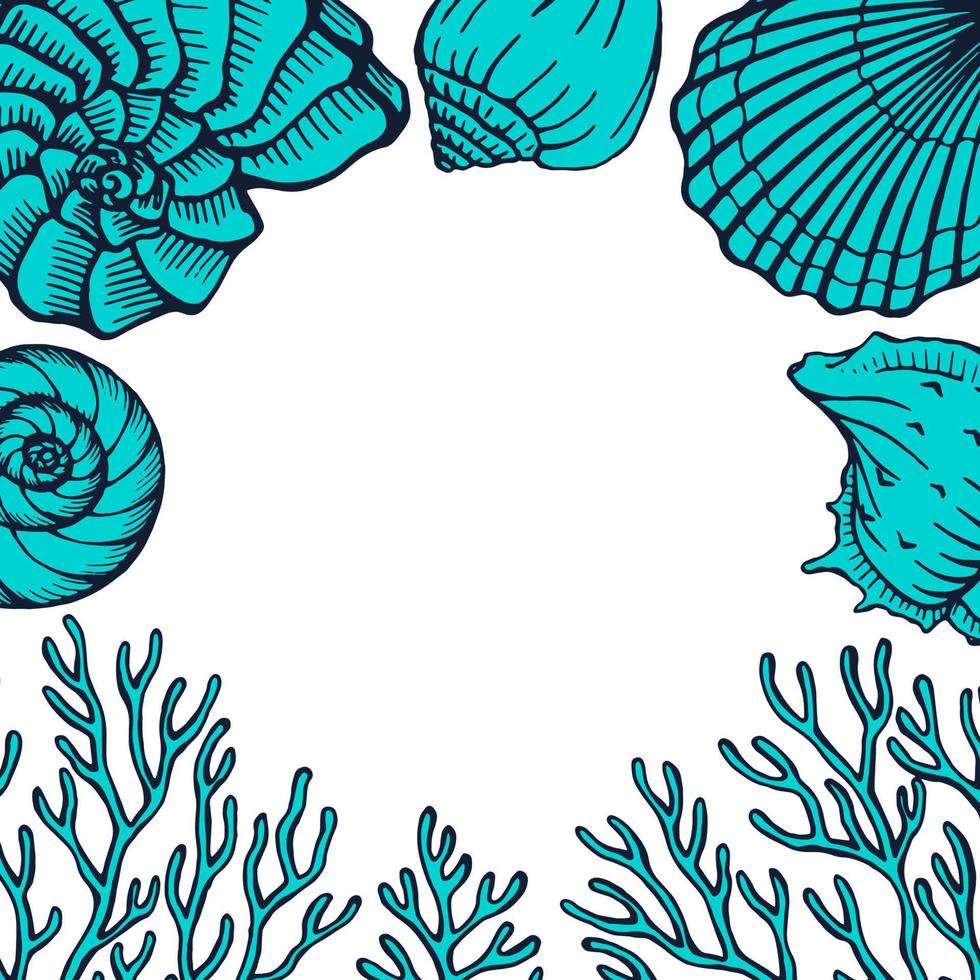 conchiglie e cornice di corallo. modello di progettazione di mare e oceano. modelli di carte vettoriali. illustrazione vettoriale in stile schizzo.