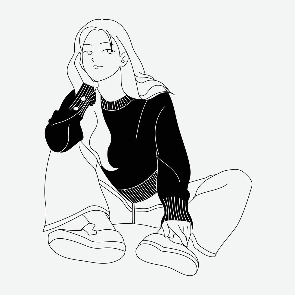 giovane studentessa universitaria seduta sul pavimento, pose di moda, illustrazione vettoriale