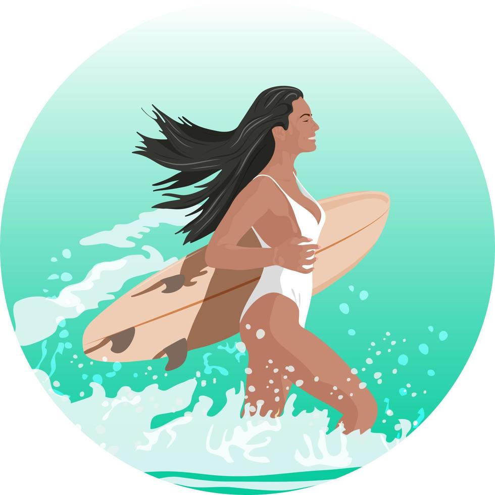 una ragazza in costume da bagno bianco con una tavola da surf corre in mare vettore
