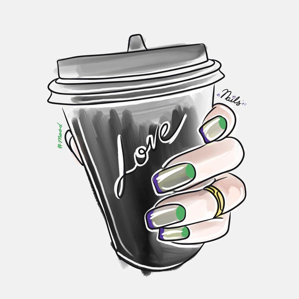 la mano femminile con le unghie lunghe tiene un bicchiere con una bevanda al caffè, un design alla moda delle unghie vettore