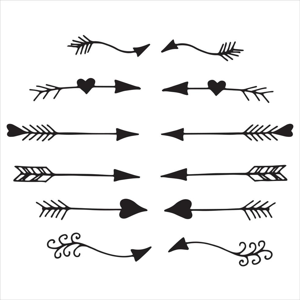 disegno vettoriale nello stile di doodle. divisori di testo. simpatici divisori a forma di freccia con cuori. decorazione semplice per testo, decorazione di San Valentino