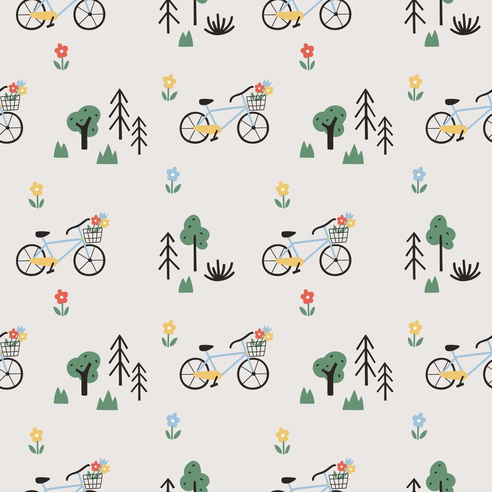 modello senza cuciture con biciclette, fiori e alberi su sfondo grigio chiaro. simpatico design in stile cartone animato per vestiti per bambini, tessuti, carta da imballaggio vettore