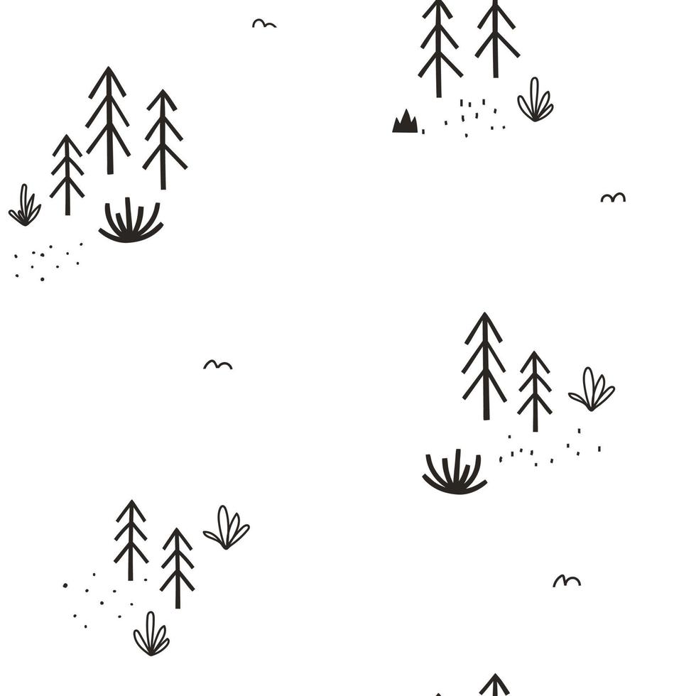 modello senza cuciture minimalista bianco e nero con alberi e piante. design in stile cartone animato monocromatico per panno per neonati e bambini, tessuto vettore