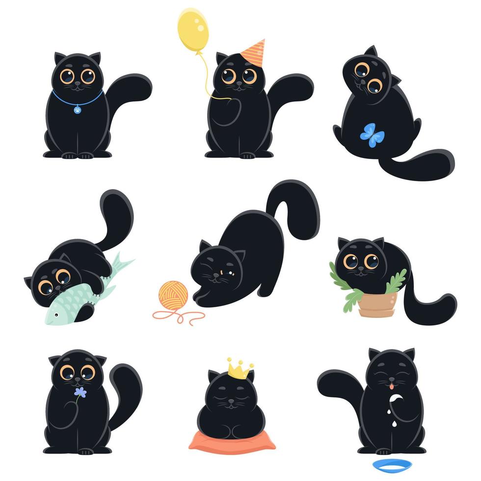 insieme di vettore del gatto nero sveglio del personaggio dei cartoni animati