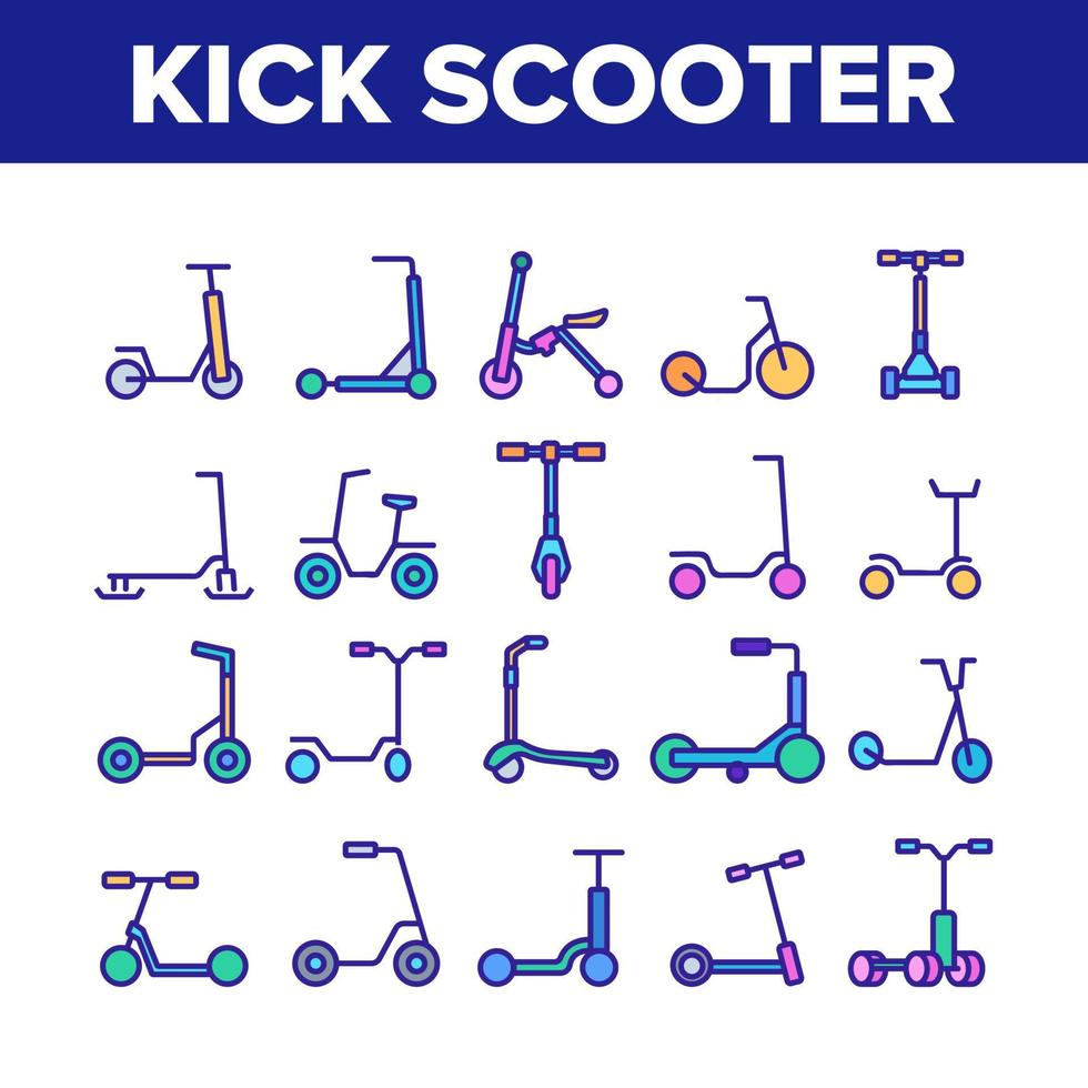 kick scooter veicolo raccolta icone set vettore