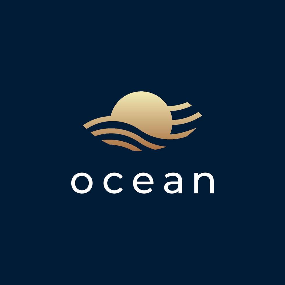 modello di progettazione del logo dell'oro del profilo della linea dell'onda del sole dell'oceano vettore