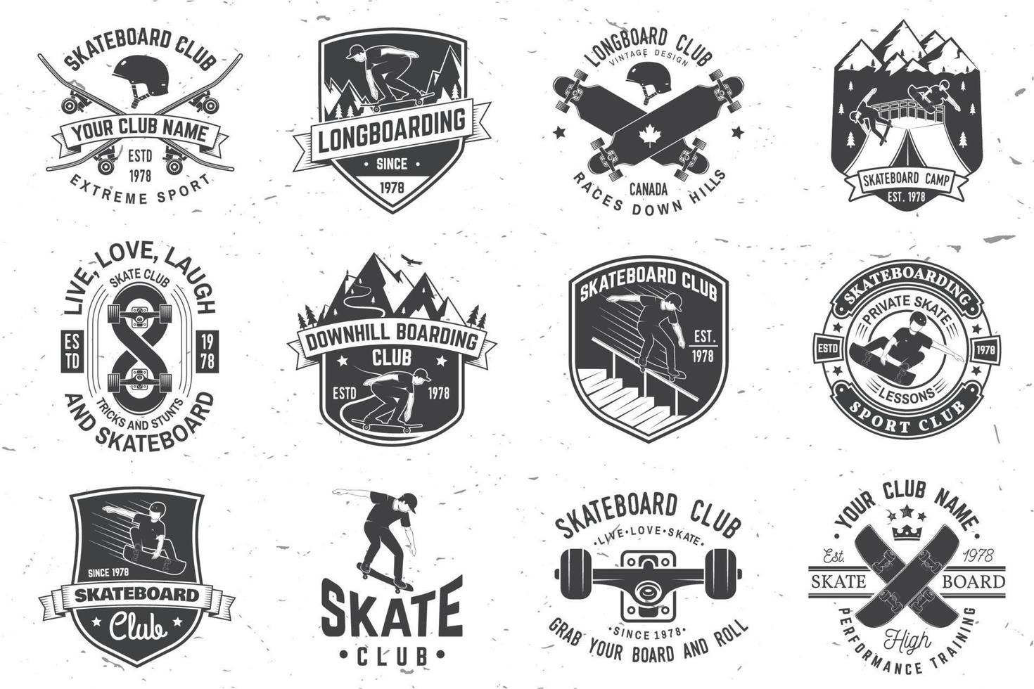 set di distintivi per skateboard e longboard club. illustrazione vettoriale