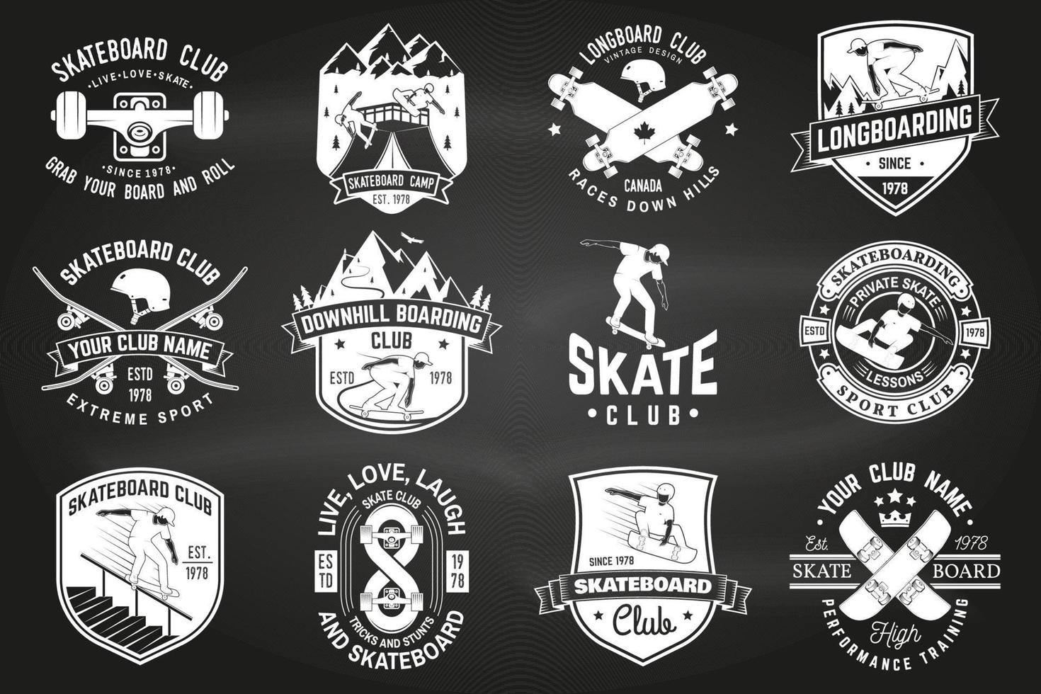 set di distintivi per skateboard e longboard club. illustrazione vettoriale