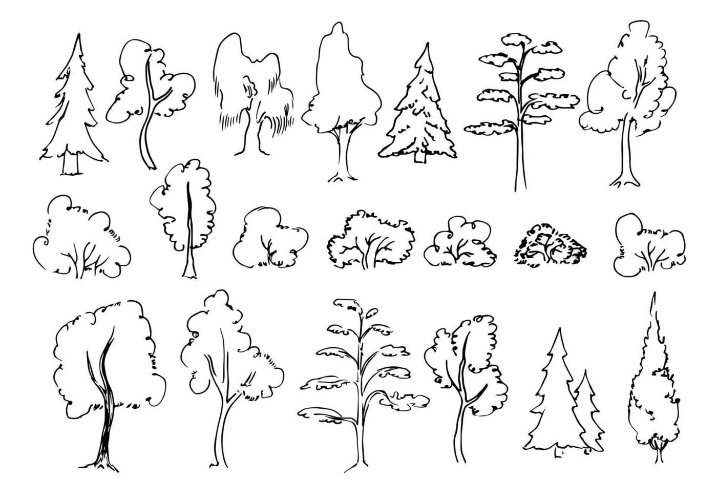 set di alberi di scarabocchio. schizzo di pino, cespuglio e quercia in uno stile semplice. illustrazione vettoriale disegnata a mano