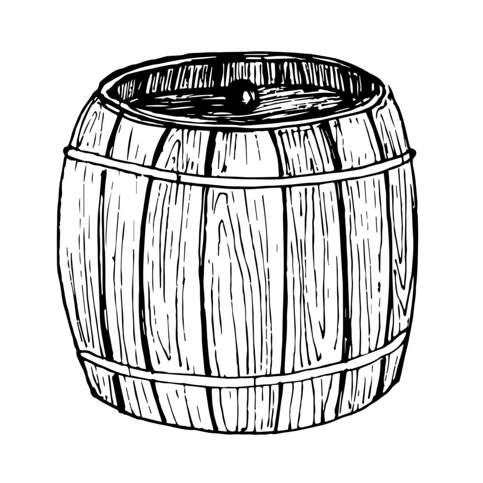 botte di legno per birra o vino. schizzo con fusto per rum e miele. illustrazione d'epoca della botte per il logo o l'icona in stile incisione vettore