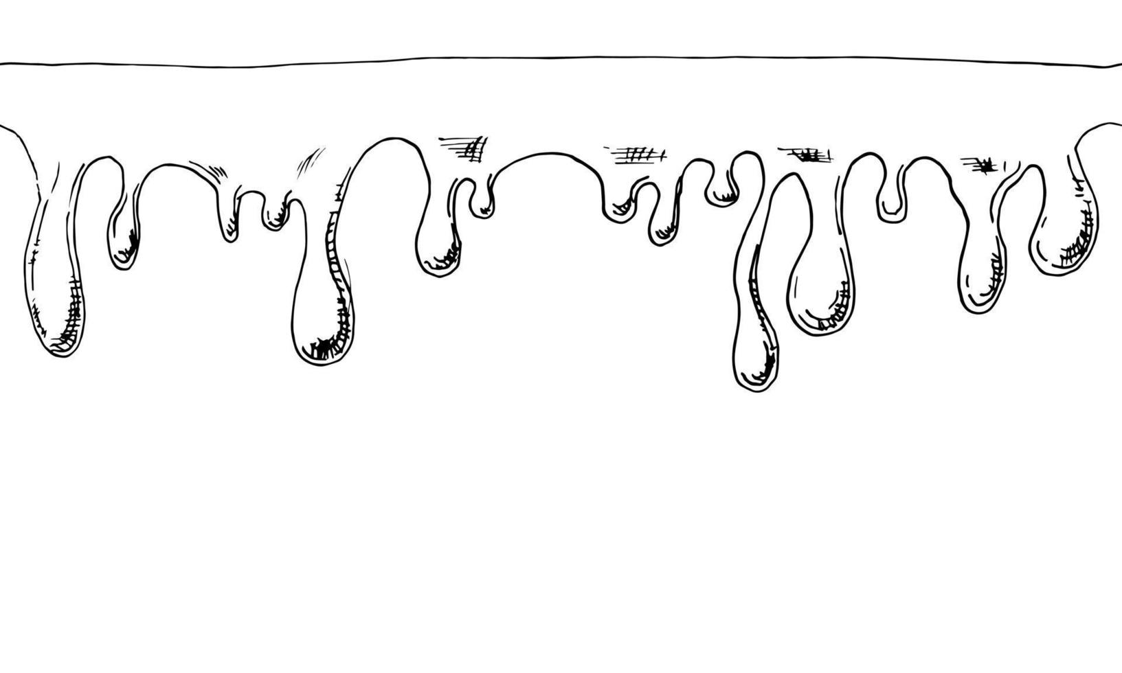 motivo a goccia senza cuciture. gocce liquide disegnate a mano su sfondo bianco. scioglimento di cioccolato o olio. bordo in stile schizzo vettore