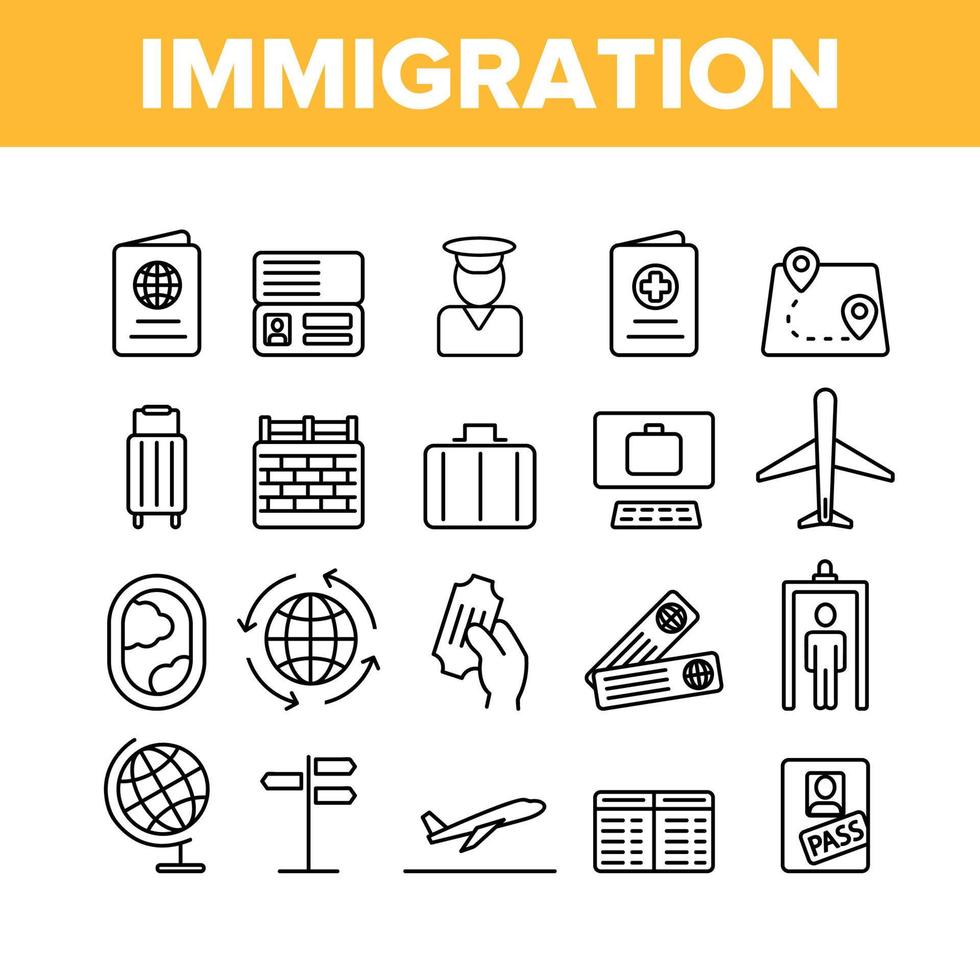 immigrazione, set di icone lineari per vettore di viaggio all'estero