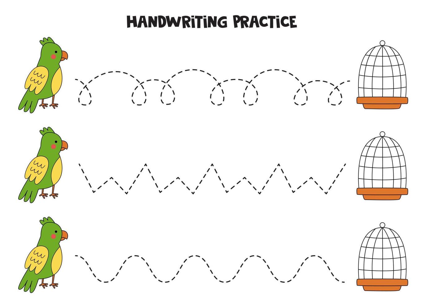 linee di tracciamento per bambini. simpatico pappagallo colorato. Pratica di scrittura. vettore