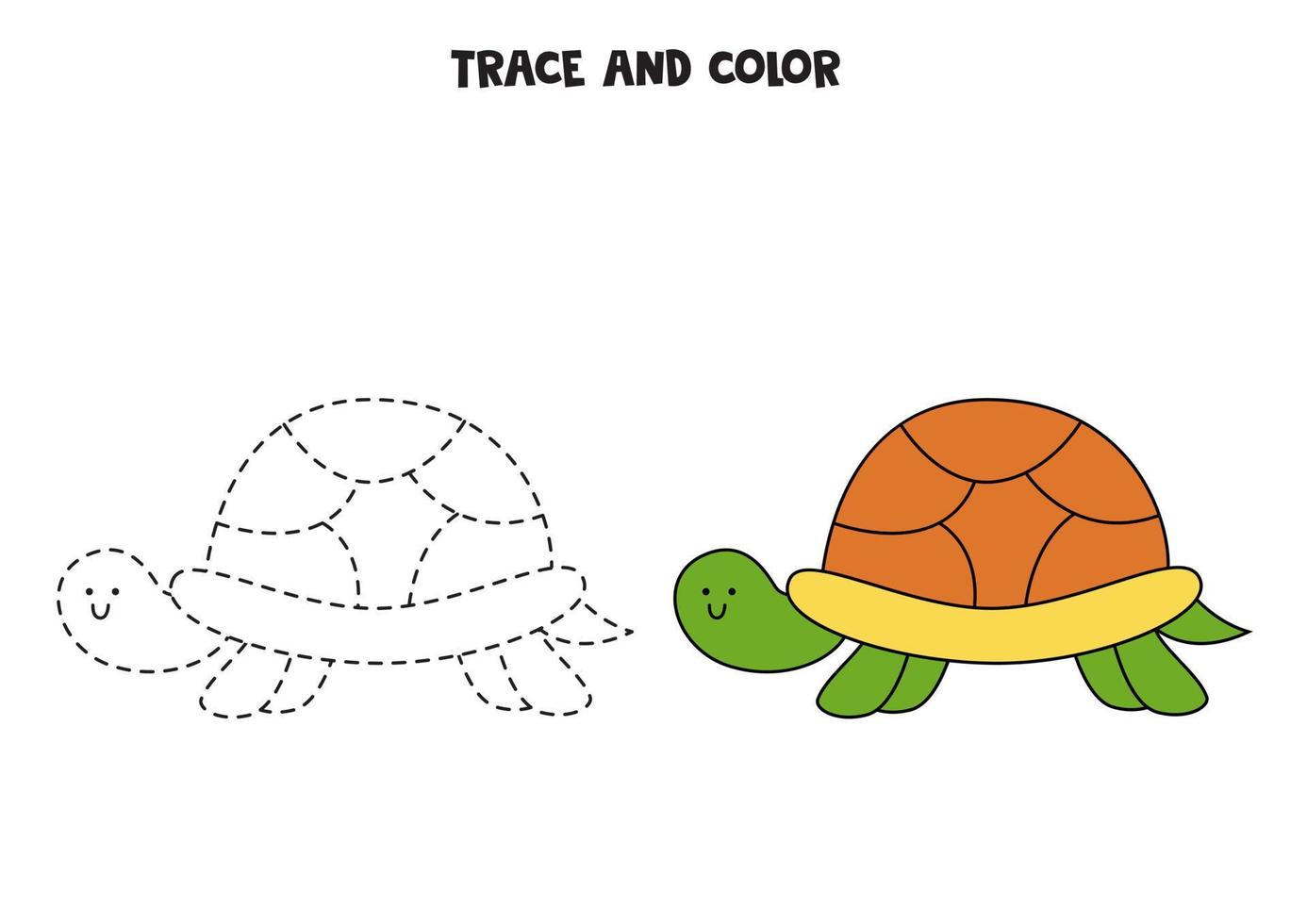 traccia e colora la simpatica tartaruga verde. foglio di lavoro per bambini. vettore