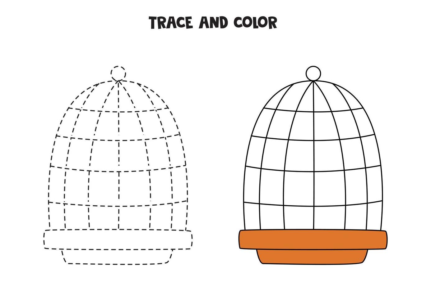 traccia e colora la gabbia per uccelli disegnata a mano carina. foglio di lavoro per bambini. vettore