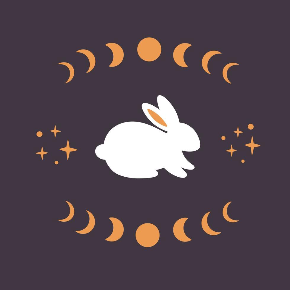 simpatico coniglio bianco con elementi astrologici ed esoterici. fasi lunari, stelle, magia. anno del coniglio vettore