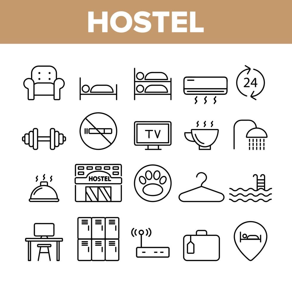 ostello, set di icone lineari vettoriali per alloggi turistici