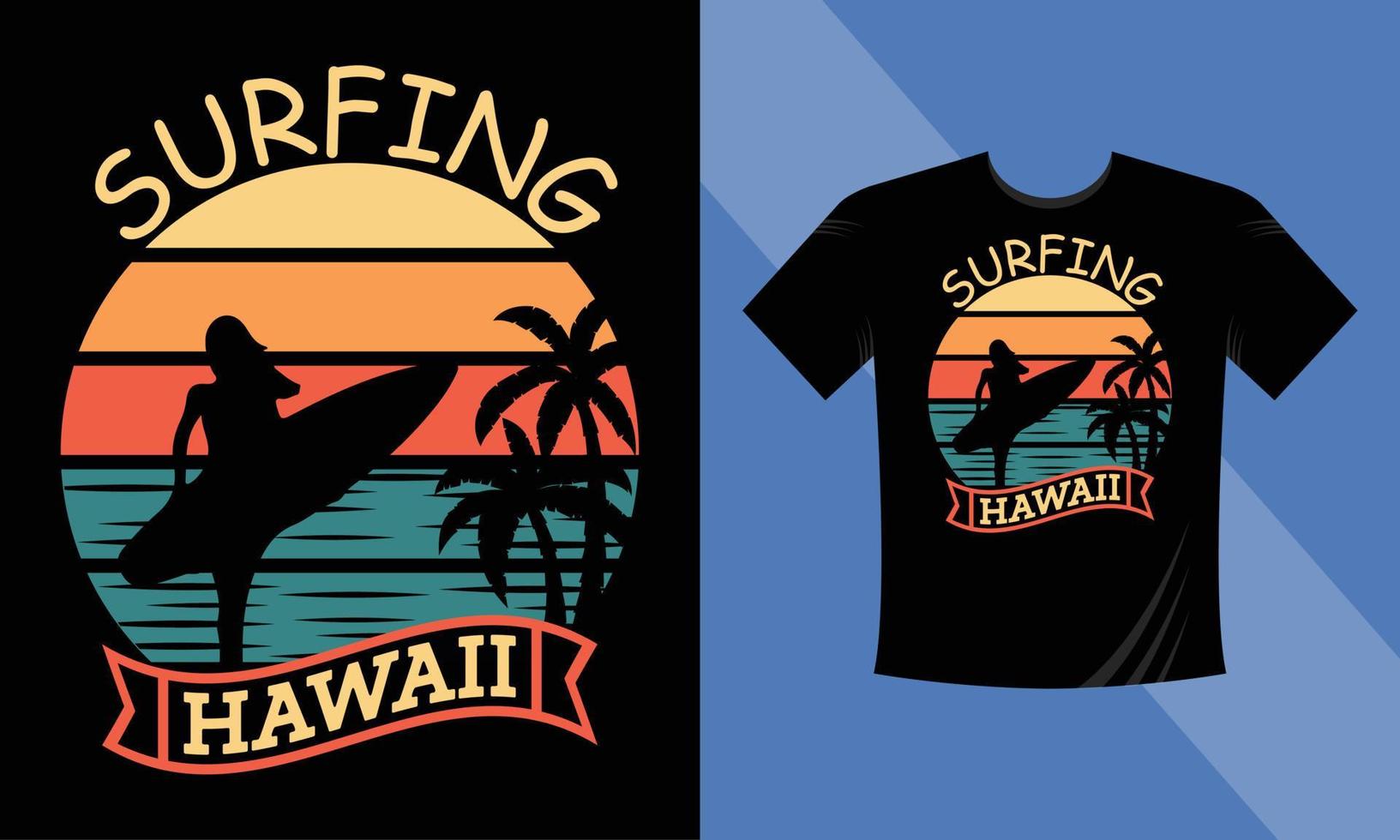 hawaii spiaggia tramonto con palme vettore moderno t-shirt illustrazione design sfondo bianco, hawaii spiaggia surf design t-shirt