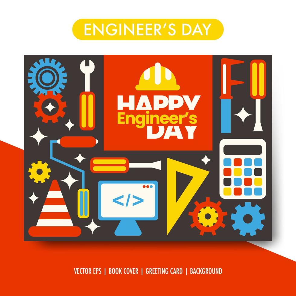 fresco e moderno sfondo del poster del giorno dell'ingegnere felice, con set di strumenti, cacciavite, monitor, righello, calcolatrice, oggetti vettoriali per casco di sicurezza