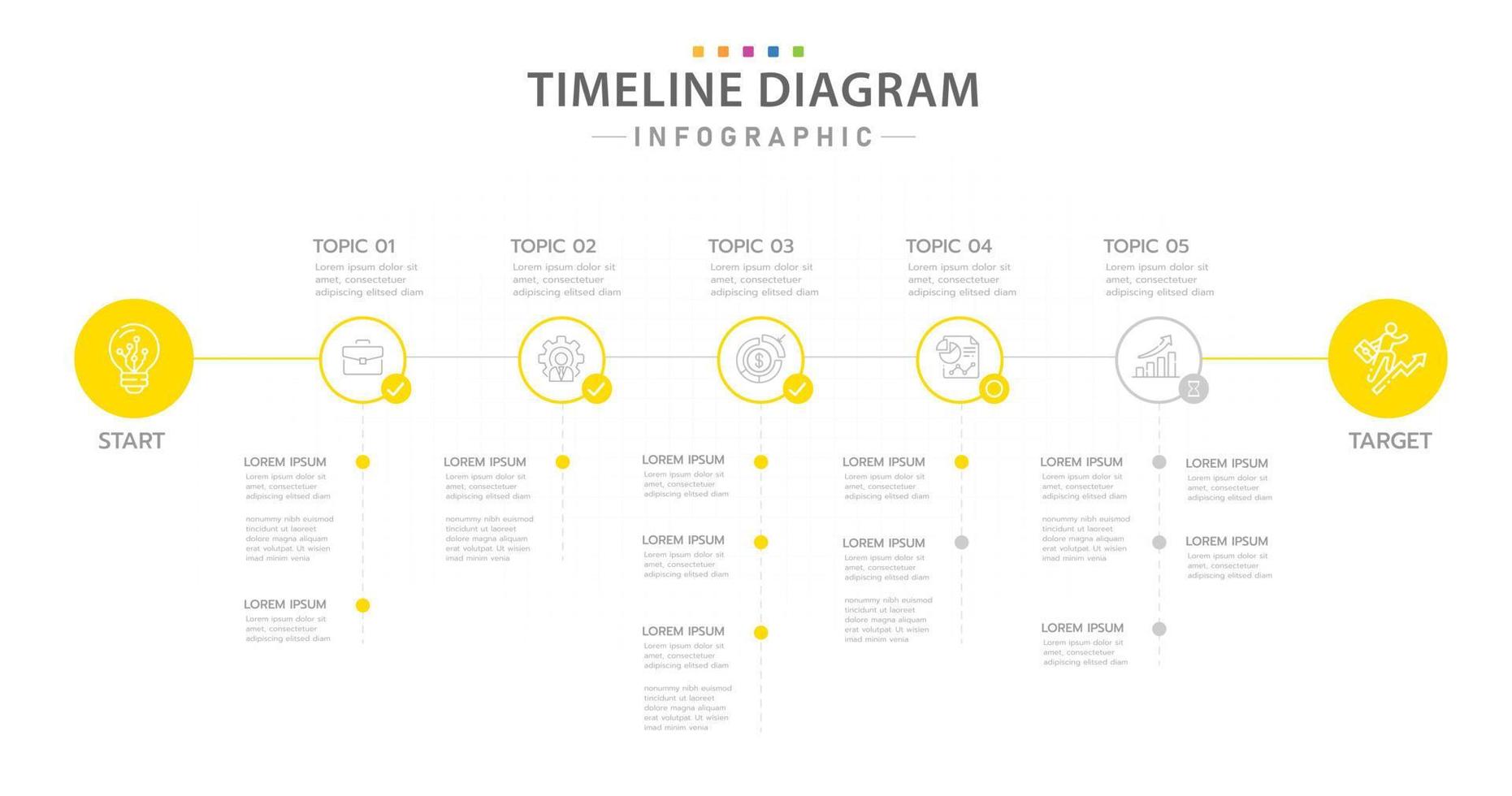 modello di infografica per le imprese. Calendario del diagramma temporale moderno a 5 passaggi con cerchio e argomenti, infografica vettoriale di presentazione.