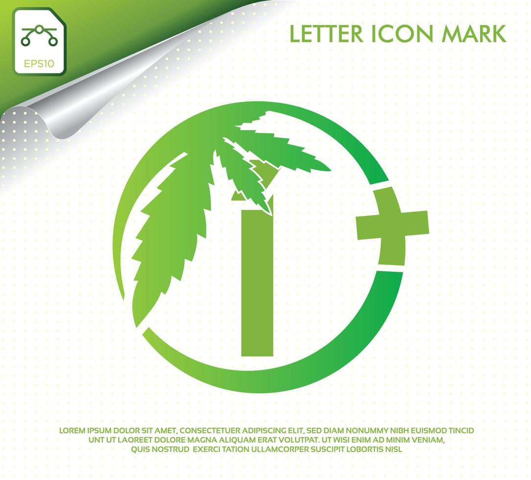 lettera i con design del logo vettoriale foglia di cannabis verde