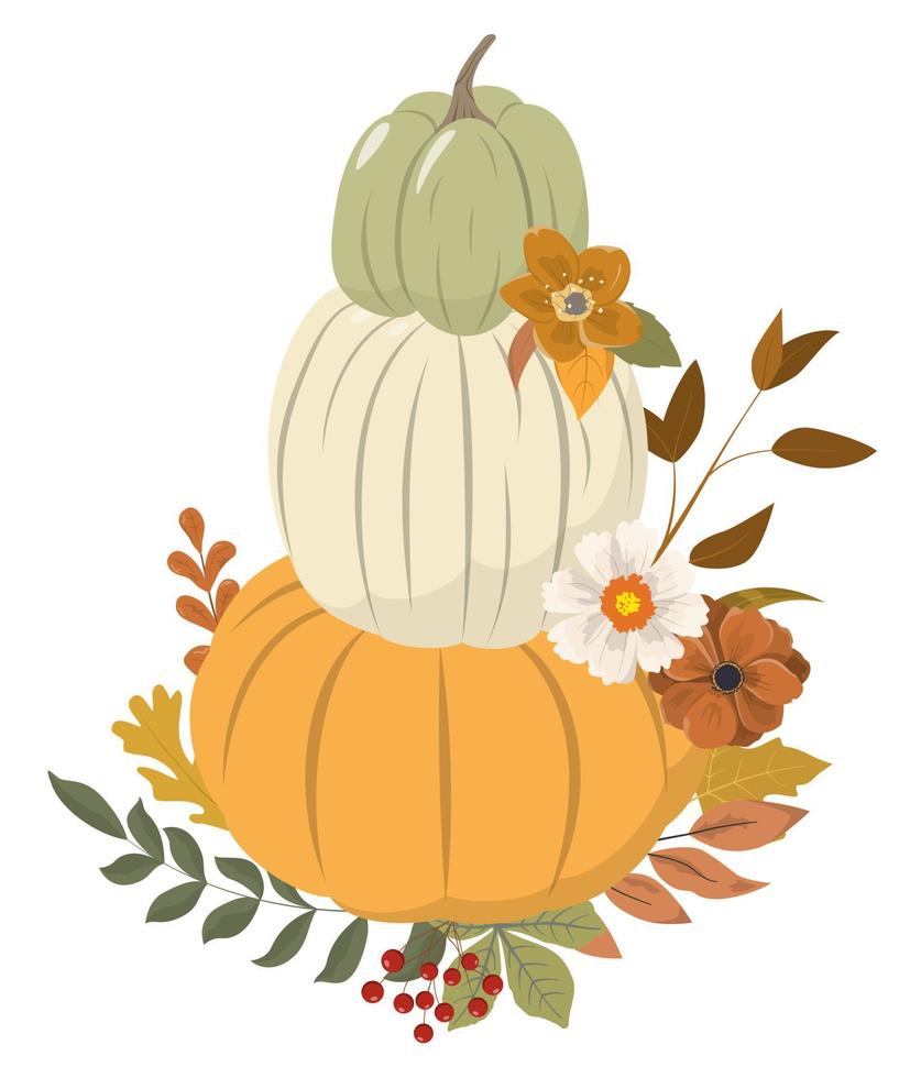 composizione di zucca autunnale. zucche arancioni, bianche, verdi con foglie autunnali colorate secche e fiori stagionali, isolati su sfondo bianco. modello di carta del giorno del ringraziamento. vettore