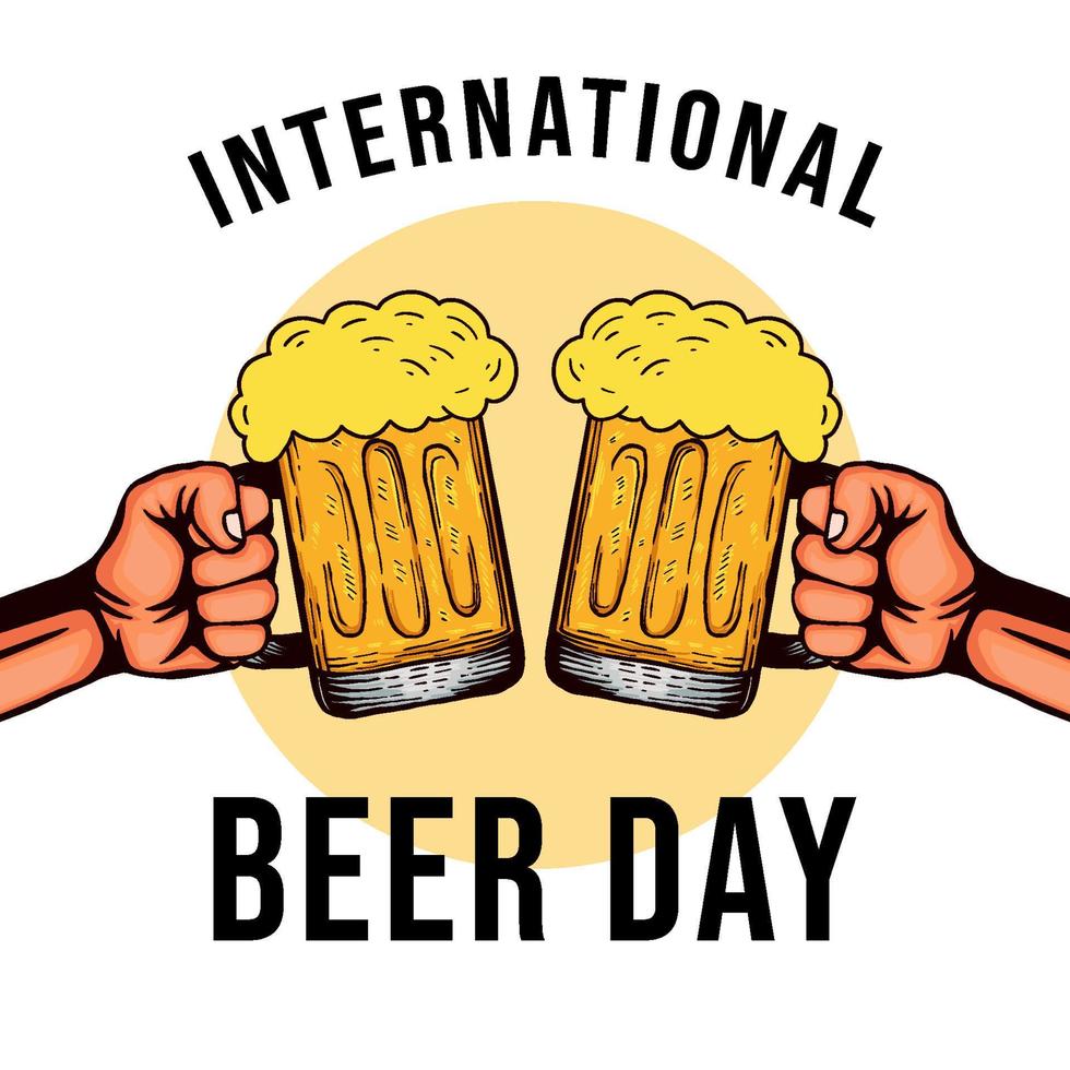 illustrazione disegnata a mano della giornata internazionale della birra con due mani che tengono bicchieri di birra vettore