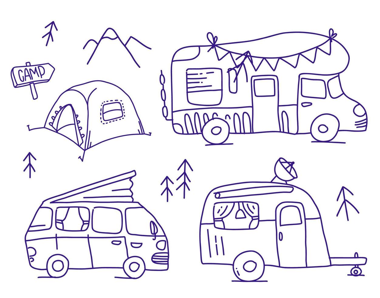 set di doodle per camper e roulotte. collezione disegnata a mano di furgone da campeggio. tenda da campeggio all'aperto. vettore