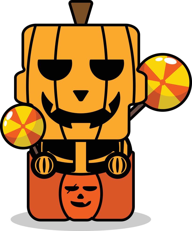 zucca di halloween personaggio mascotte cartone animato carino teschio caramella zucca scatola vettore