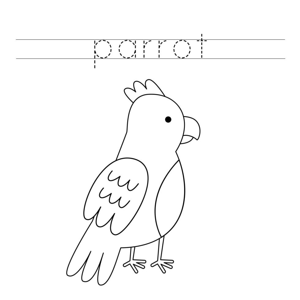 traccia le lettere e colora il pappagallo. pratica della scrittura a mano per i bambini. vettore