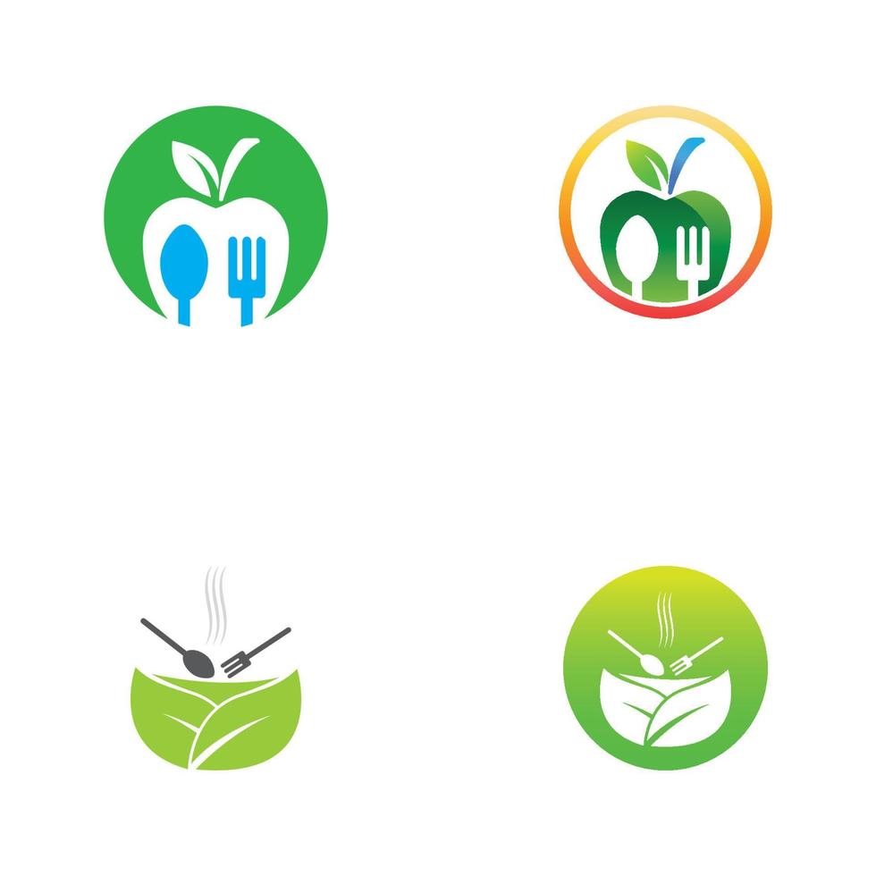 logo di alimenti naturali, con foglie, cucchiaio e forchetta. vettore