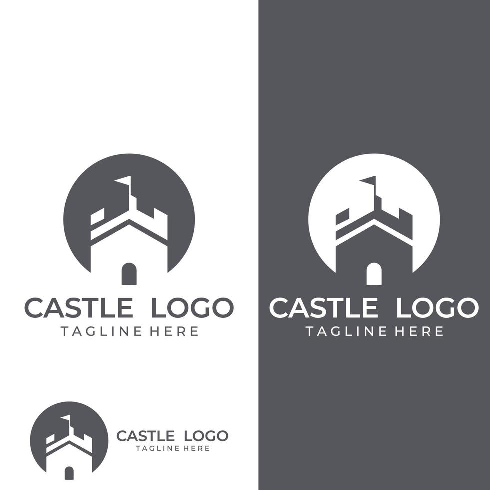 sagoma del logo del castello, logo del castello con modello di illustrazione vettoriale di design a combinazione di scudo.