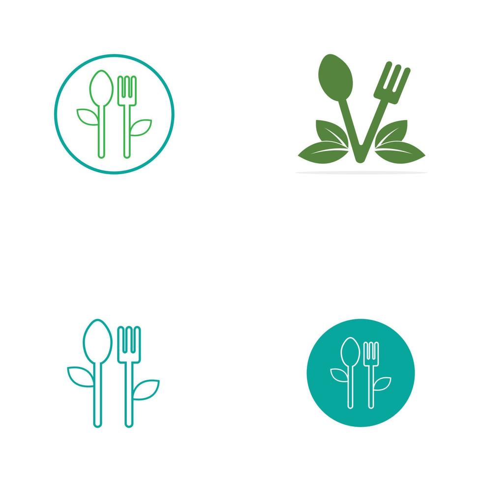 logo di alimenti naturali, con foglie, cucchiaio e forchetta. vettore