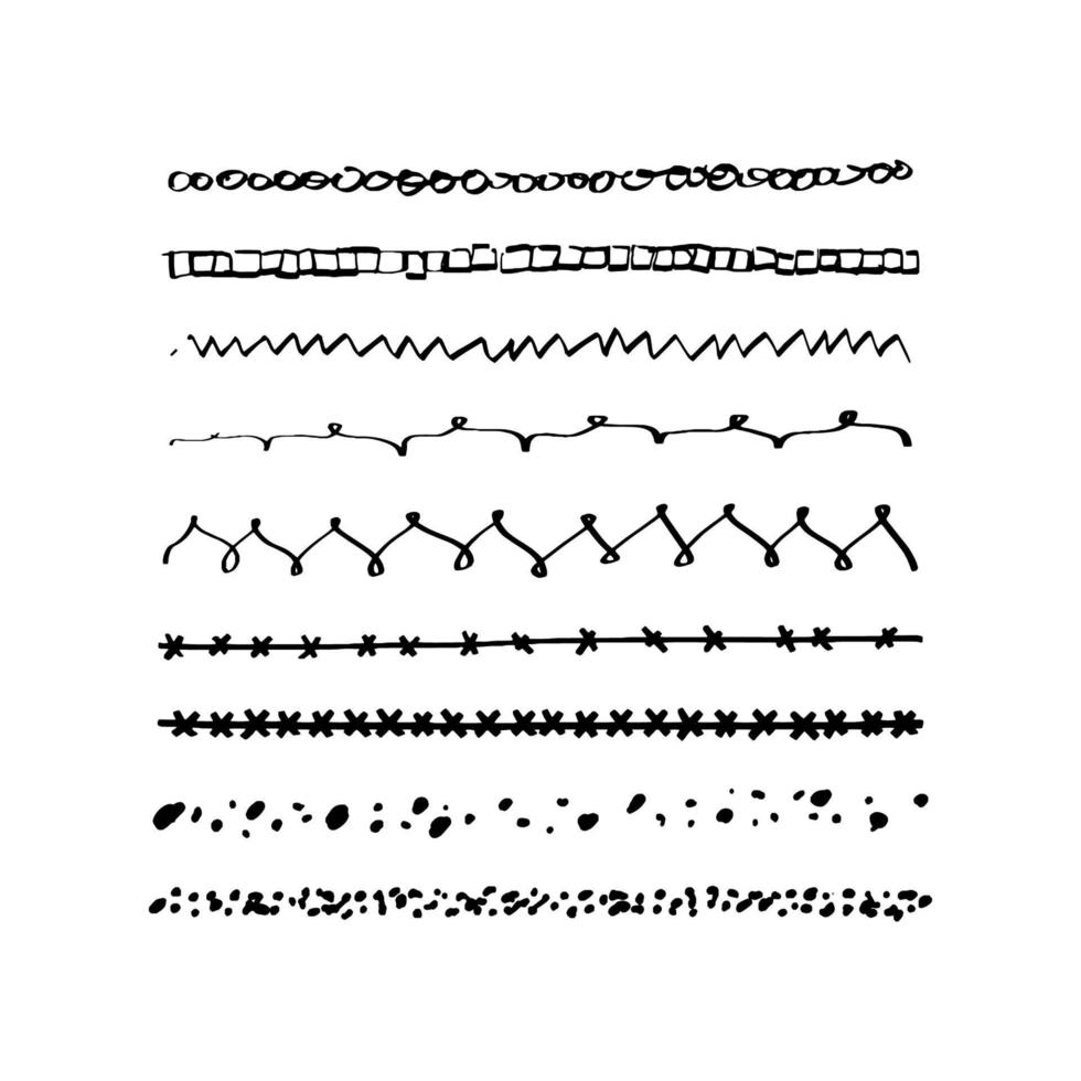 linee di ornamento disegnate a mano. un insieme di vari modelli di linea. illustrazione vettoriale di motivi grafici per cornici, evidenziazioni, sottolineature, bordi su sfondo bianco.